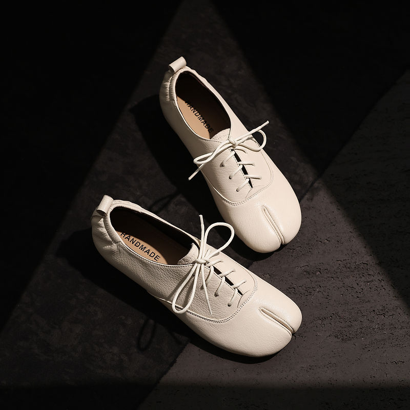 Leather Work Oxfords - รองเท้าหนังแกะแท้แบบ Tabi สำหรับผู้หญิง, รองเท้าแบบผูกเชือกปลายแยก, รองเท้าอ็อกซ์ฟอร์ดแบบแบนสำหรับผู้หญิง, รองเท้าแฟชั่นแบบแบนสำหรับทำงาน