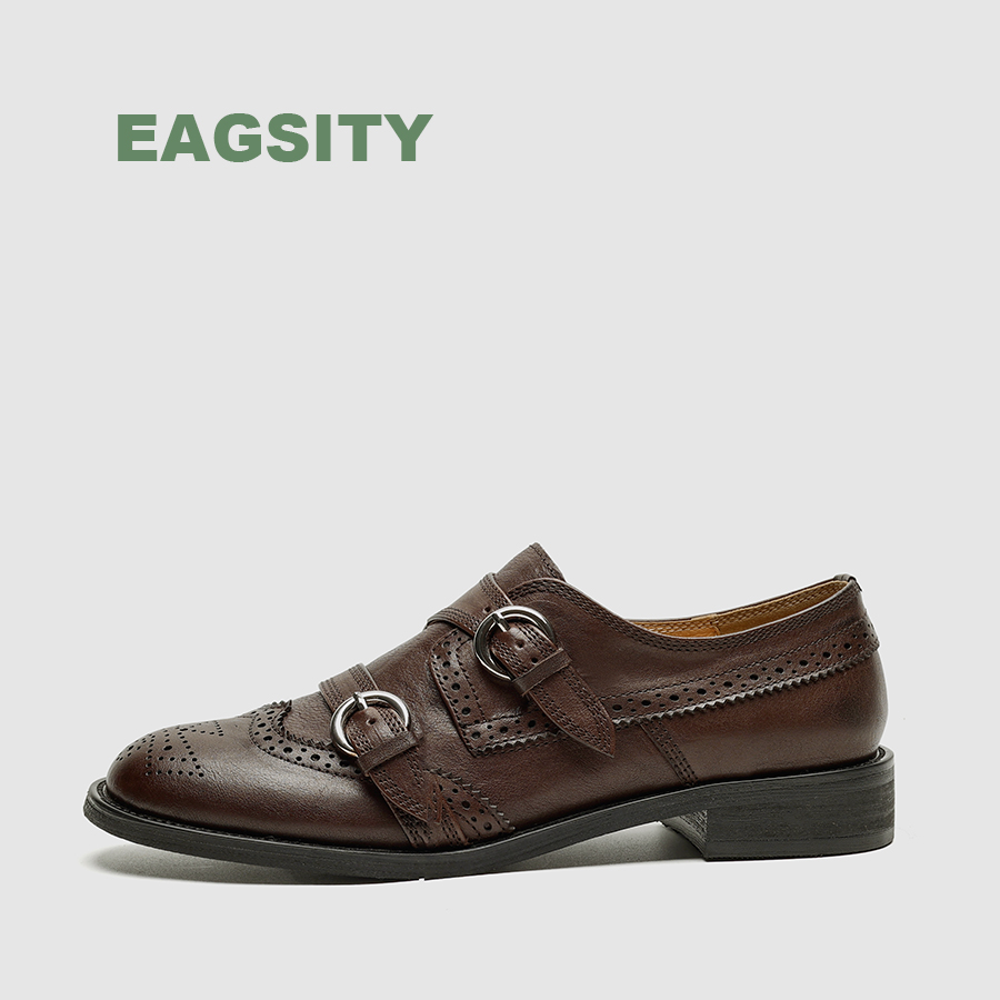 Leather Work Oxfords - รองเท้าหนังวัวแท้สไตล์อังกฤษสำหรับผู้หญิง รองเท้าอ็อกซ์ฟอร์ด ส้นบล็อก หัวกลม รองเท้าเดอร์บี้ รองเท้าบร็อก