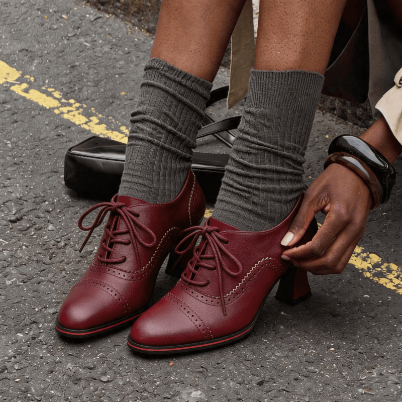 Leather Work Oxfords - รองเท้าส้นเตี้ยหนังเทียมสำหรับผู้หญิง ส้นเตี้ยทรงบล็อก รองเท้าอ็อกซ์ฟอร์ดแบบเป็นทางการ สไตล์เรโทรสไตล์อังกฤษ รองเท้าแบบปิดนิ้วเท้า รองเท้าผูกเชือกสำหรับทำงานในสำนักงาน