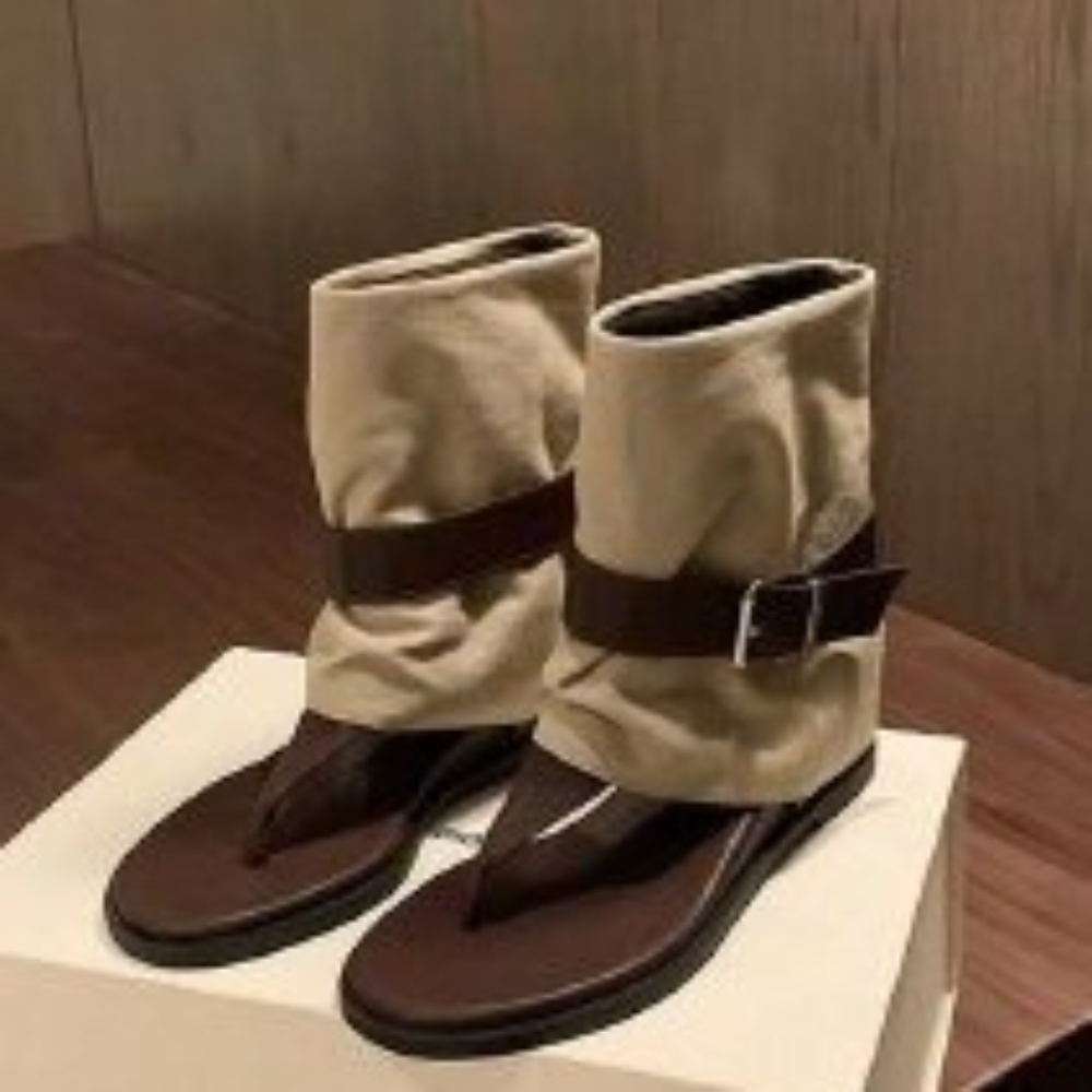 Belt Buckle Blank - รองเท้าแตะแบบมีห่วงรัดนิ้วเท้าสีวินเทจสำหรับผู้หญิง, รองเท้าบูทแบบโรมันหนังกลับพับได้พร้อมหัวเข็มขัด, รองเท้ากลาดิเอเตอร์ส้นแบนสำหรับผู้หญิง