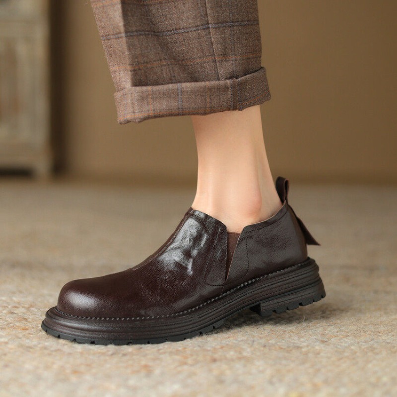 Leather Work Oxfords - รองเท้าโลฟเฟอร์หนังแท้ทรงกลมสไตล์อังกฤษ รองเท้าหนังผู้หญิงแบบสวมใส่สบาย เหมาะสำหรับทำงาน แฟชั่นทันสมัย รองเท้าอ็อกซ์ฟอร์ดผู้หญิง
