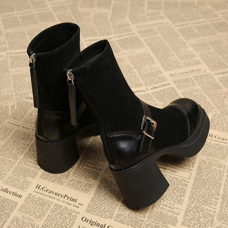 รองเท้าบูทหุ้มข้อผู้หญิง ส้นตึ - Belt Buckle Blank บทวิจารณ์และราคา
