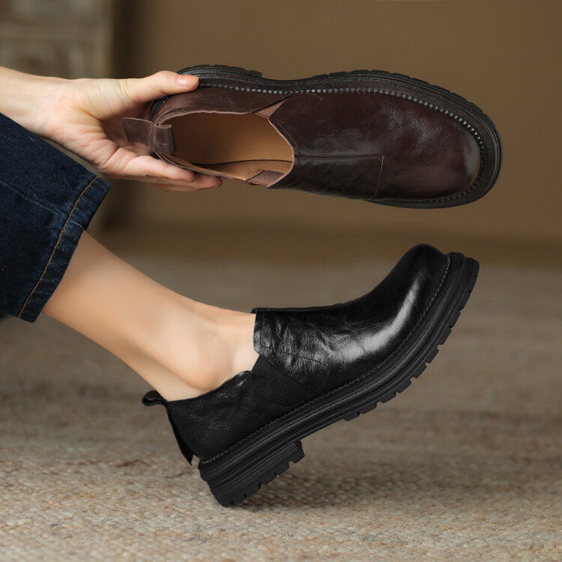 รองเท้าโลฟเฟอร์หนังแท้ทรงกลมสไ - Leather Work Oxfords บทวิจารณ์และราคา